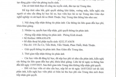 Thông Báo V/v tiếp nhận thông tin phản ánh của người có nhu cầu học, học viên học lái xe tại Trung tâm GDNN & SHLX Bình Thuận
